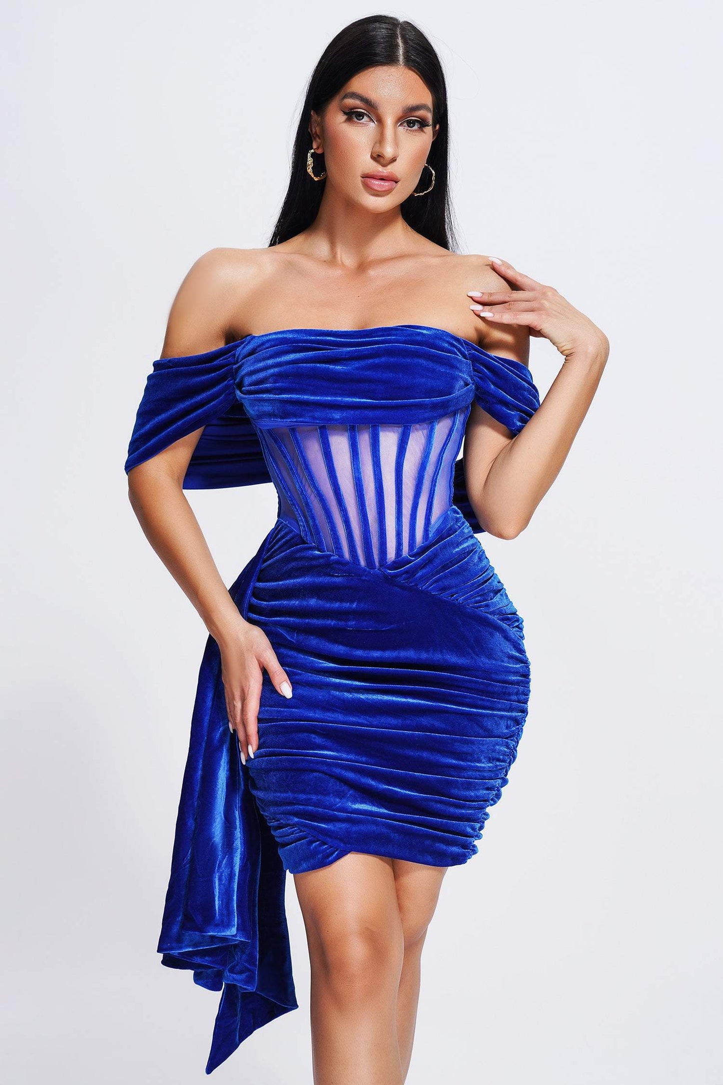 Off shoulder corset Dress-Velvet-Blue aclosy