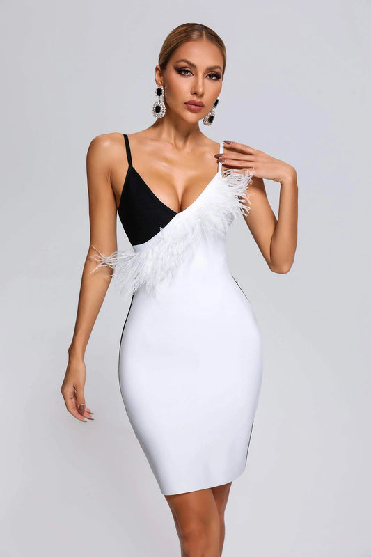 Pola Feather Mini Bandage Dress-White aclosy