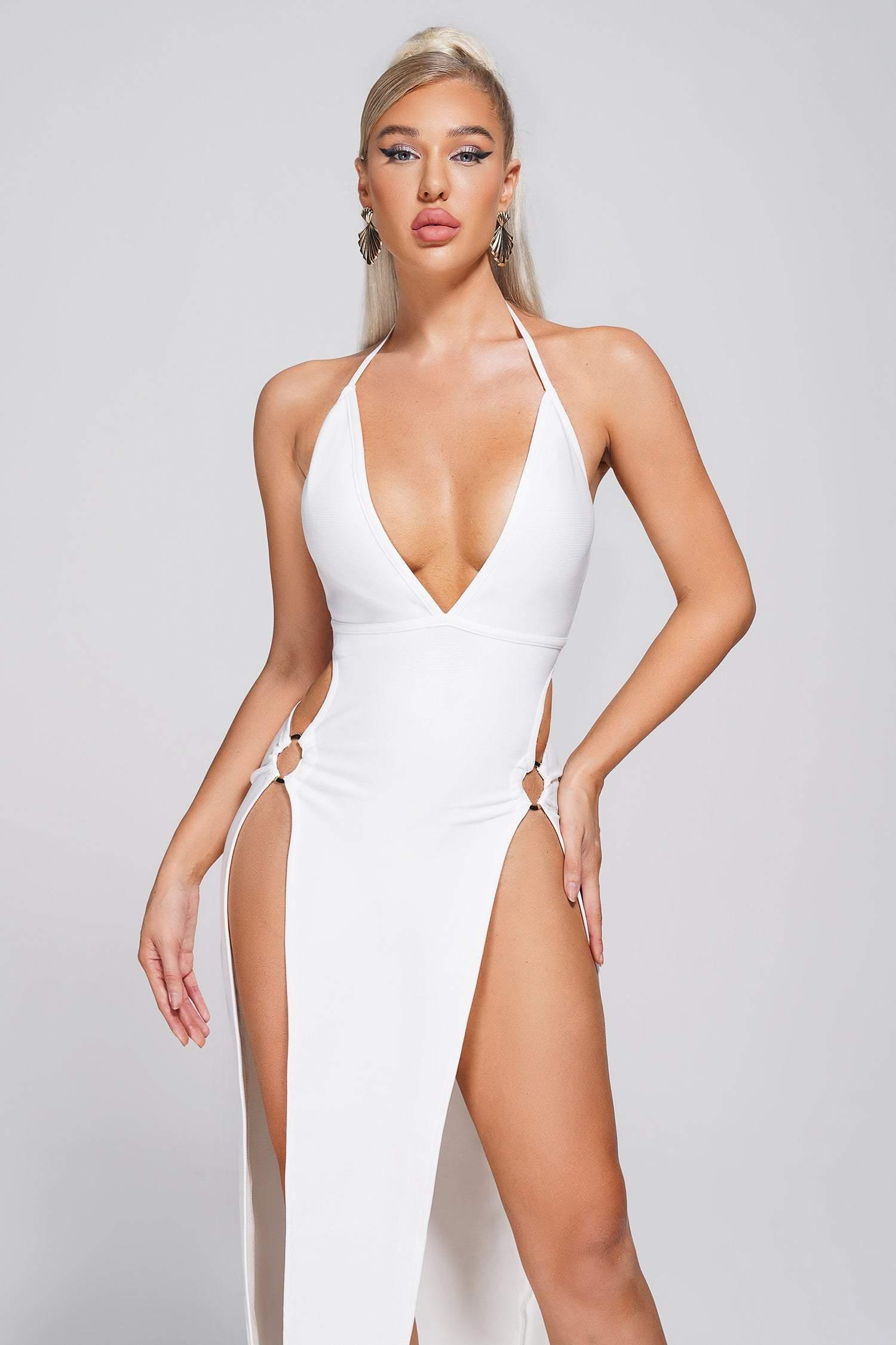Summer Women's  Back Deep V White Evening Dress aclosy