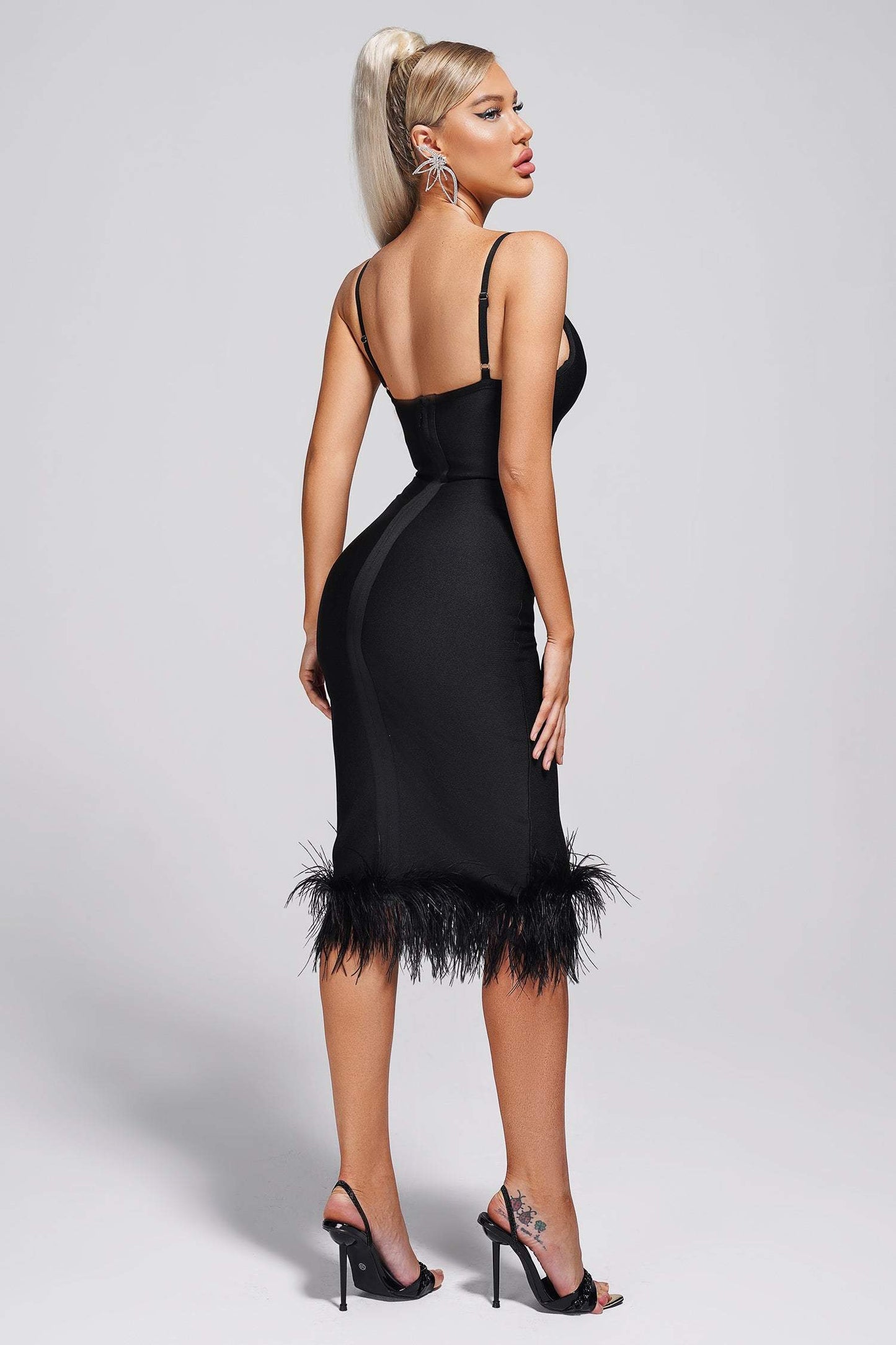 Lemiya Feather Midi Bandage Dress-Black Trendsi