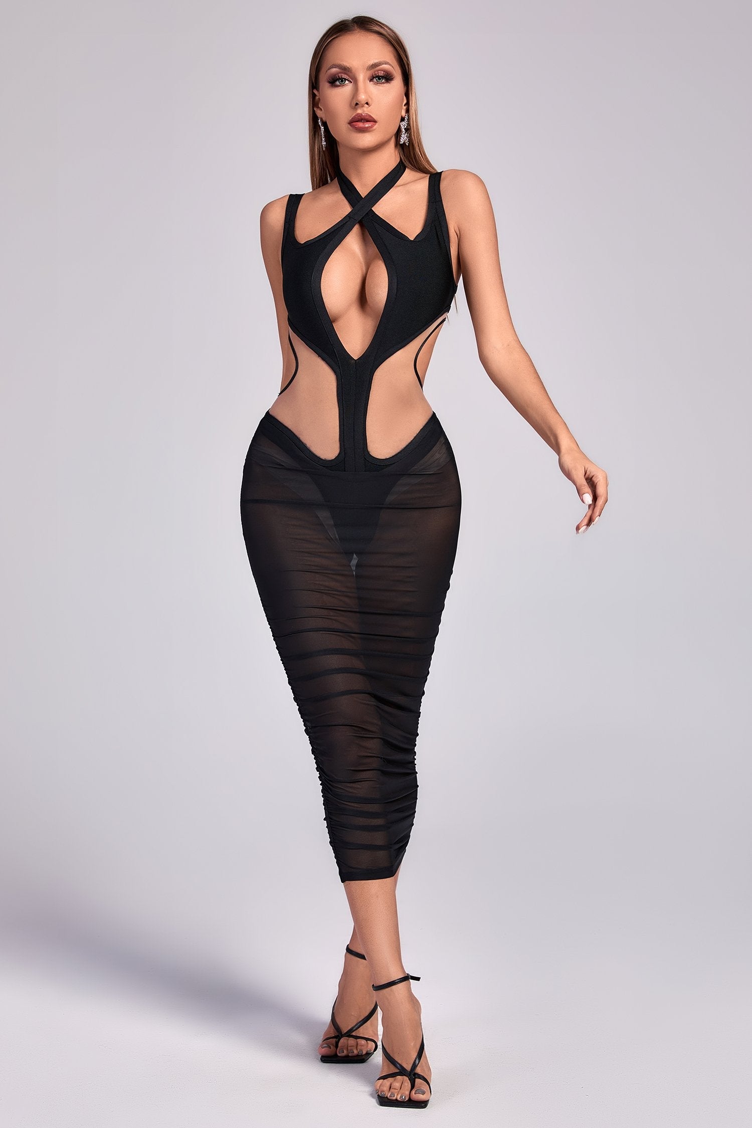 Kaira Cutout Mesh Midi Bandage Dress aclosy