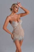 Women's Fashion Full Of Diamonds Tassels See-through Mesh Dress aclosy