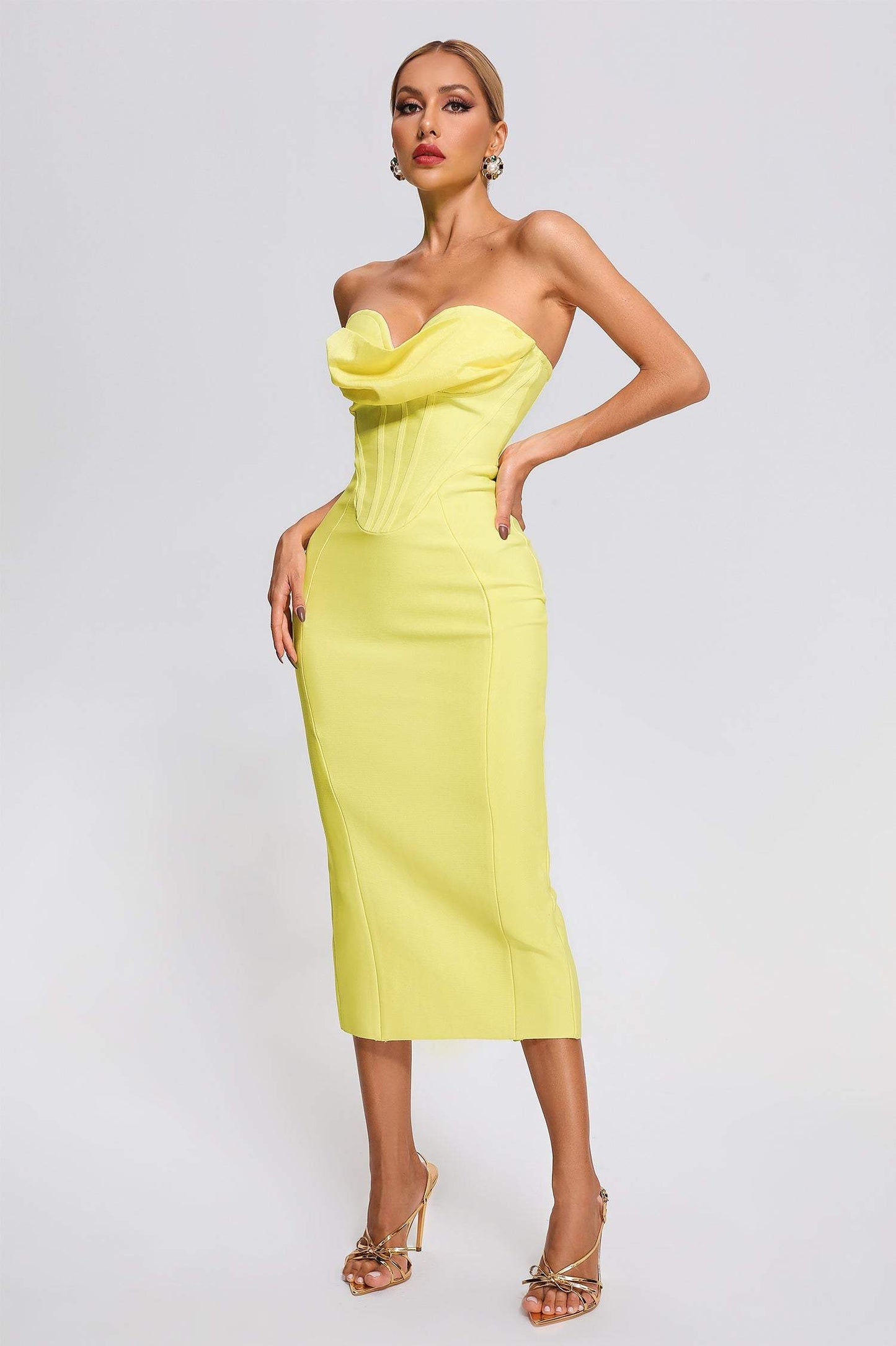 Seam Strapless Midi Bandage Dress-Yellow Trendsi