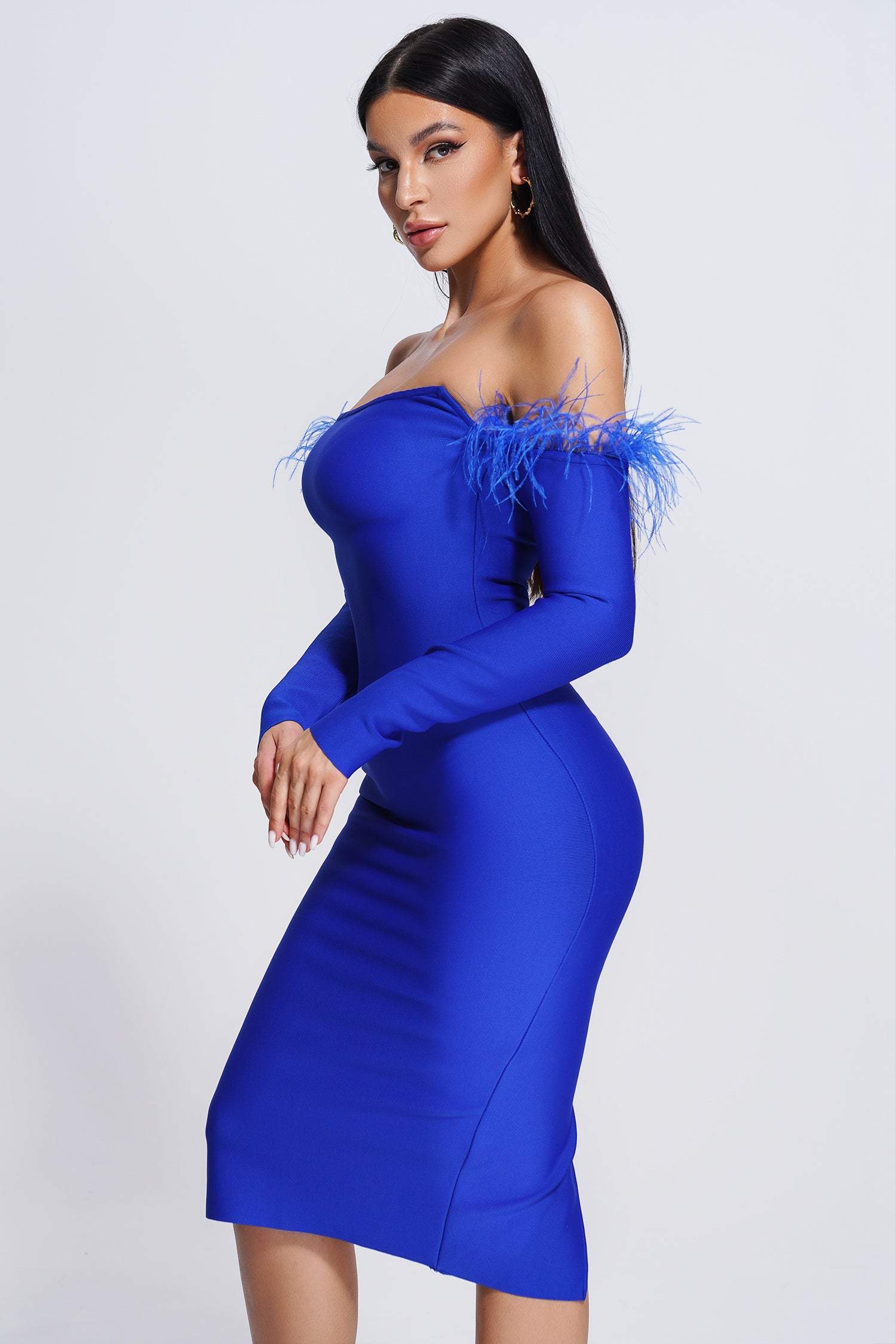 Backless Long Sleeve Feather Dress aclosy