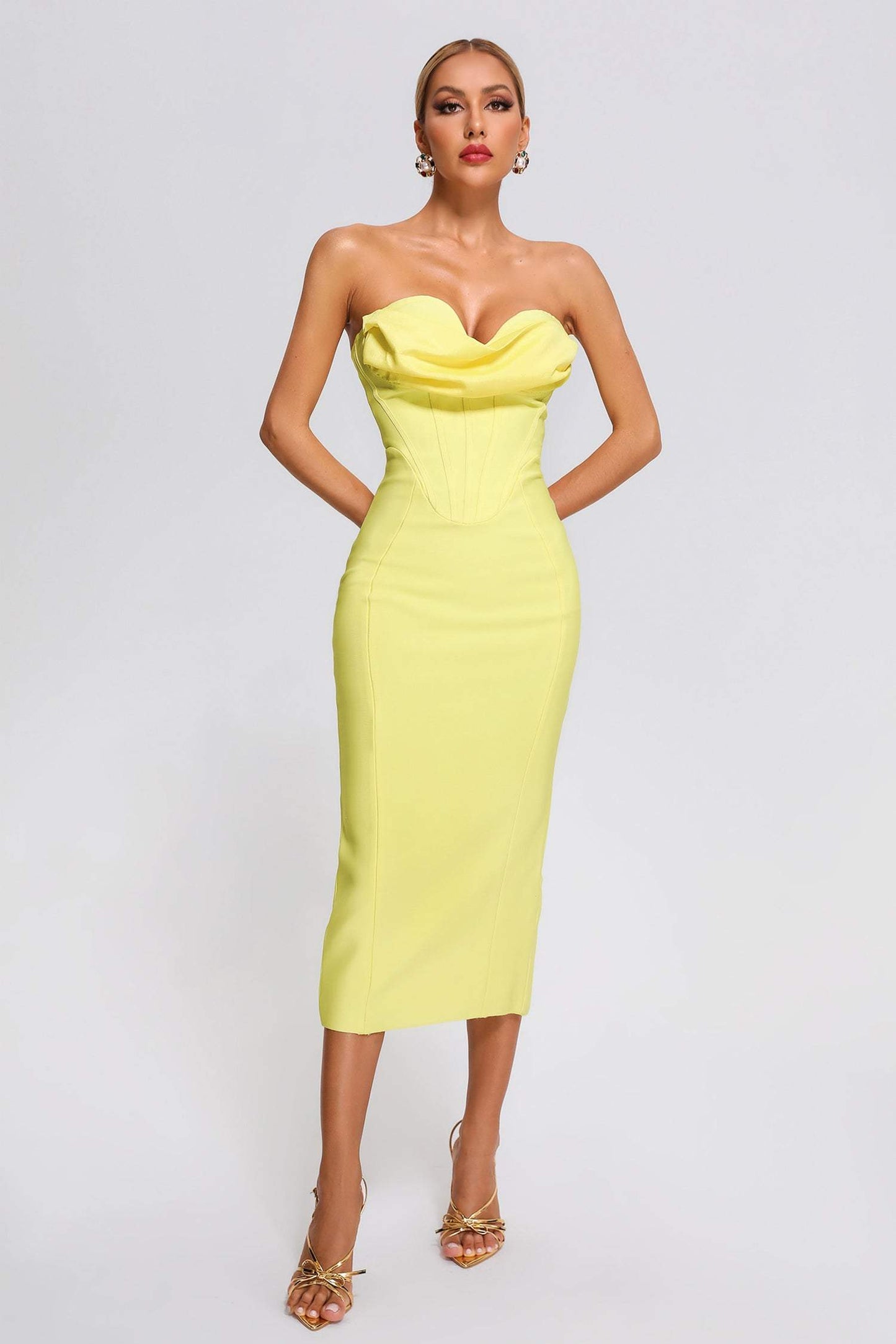 Seam Strapless Midi Bandage Dress-Yellow Trendsi