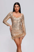 Sequin Sweetheart Neck Feather Hem Mini Dress-Gold Trendsi