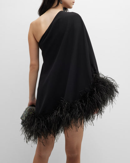 One Shoulder Feather Hem Cape Dress aclosy