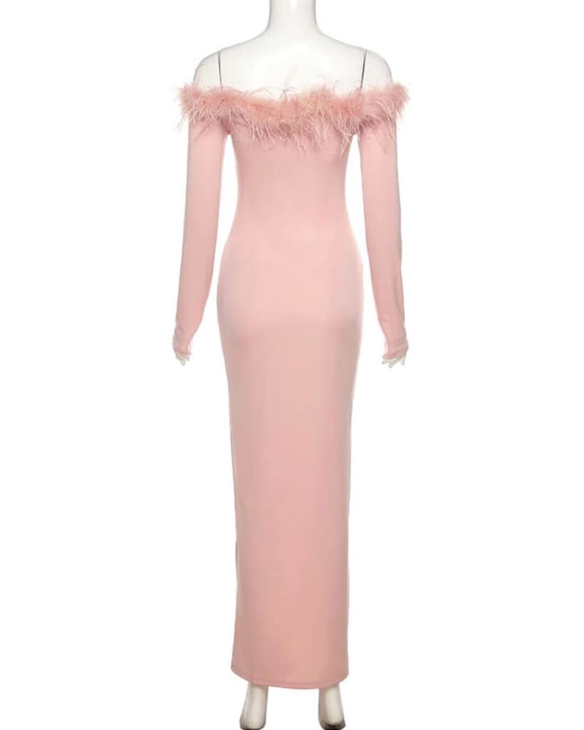 Fur Collar One-shoulder Bride Dress-Pink aclosy