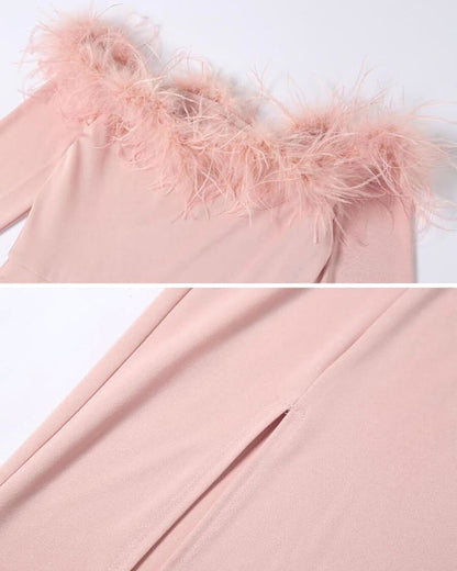 Fur Collar One-shoulder Bride Dress-Pink aclosy