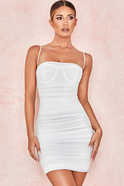 RUCHED BODYCON MINI CORSET COCKTAIL PARTY DRESS - WHITE Aclosy