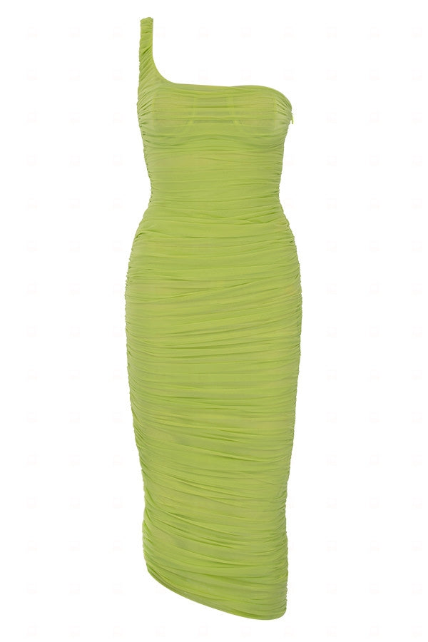 One shoulder strap dress-GREEN aclosy