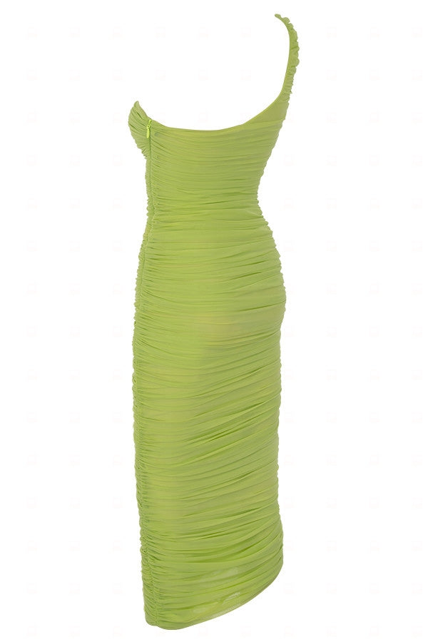 One shoulder strap dress-GREEN aclosy