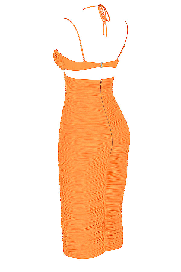 TIBU TANGERINE CUTOUT RUCHED MIDI DRESS aclosy
