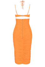 TIBU TANGERINE CUTOUT RUCHED MIDI DRESS aclosy