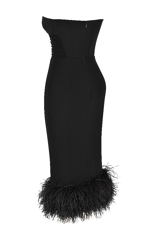 FUR BLACK STRAPLESS CORSET DRESS aclosy