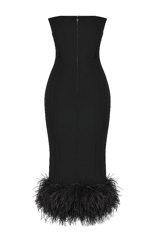 FUR BLACK STRAPLESS CORSET DRESS aclosy