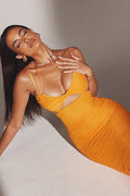 TIBU TANGERINE CUTOUT RUCHED MIDI DRESS aclosy
