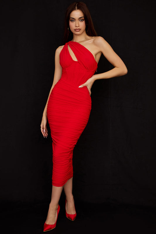 Lemily Cutout One-Shoulder Midi Bandage Dress-Red Trendsi