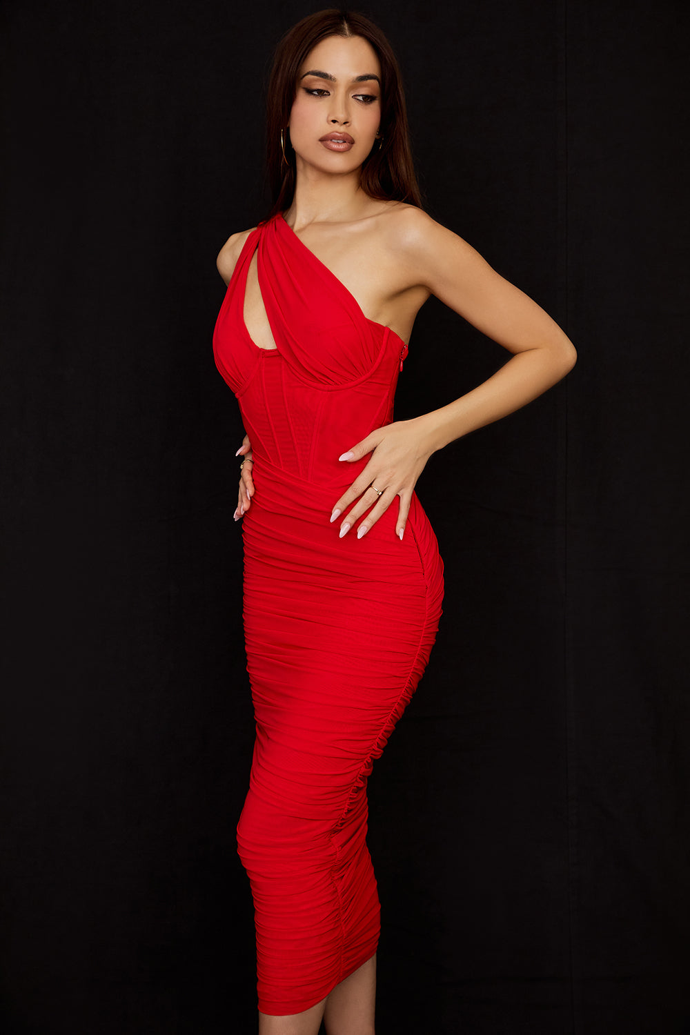 Lemily Cutout One-Shoulder Midi Bandage Dress-Red Trendsi